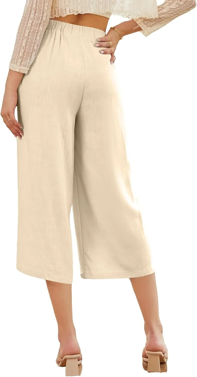 Womens Cotton Linen Palazzo Pants Flowy Wide Leg Cropped Pants Lightweight High Waist Beach Trousers