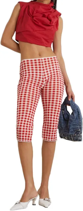 Womens Gingham Capri Pants High Waisted Skinny Fit Lace Cuffs Plaid Short Pants Summer Capris Leggings