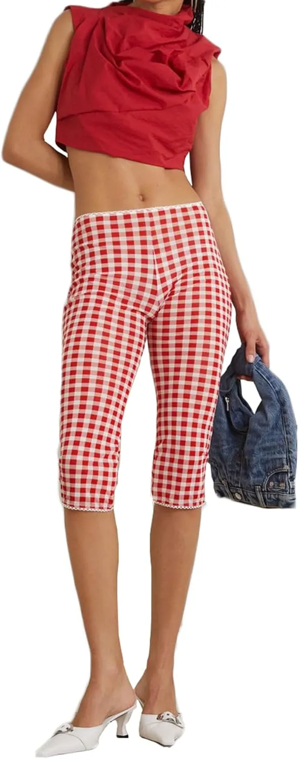 Womens Gingham Capri Pants High Waisted Skinny Fit Lace Cuffs Plaid Short Pants Summer Capris Leggings