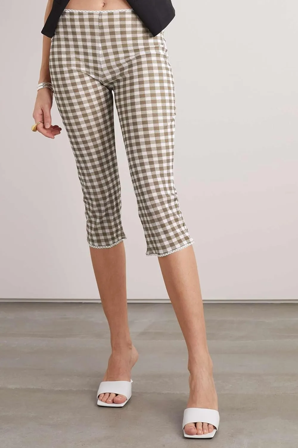 Womens Gingham Capri Pants High Waisted Skinny Fit Lace Cuffs Plaid Short Pants Summer Capris Leggings