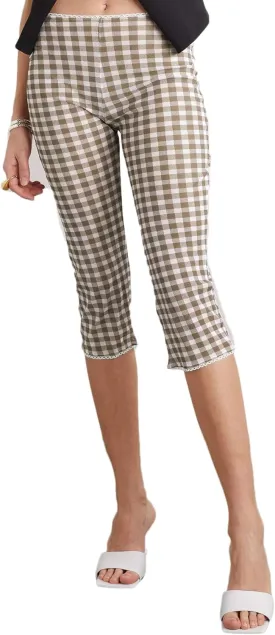 Womens Gingham Capri Pants High Waisted Skinny Fit Lace Cuffs Plaid Short Pants Summer Capris Leggings