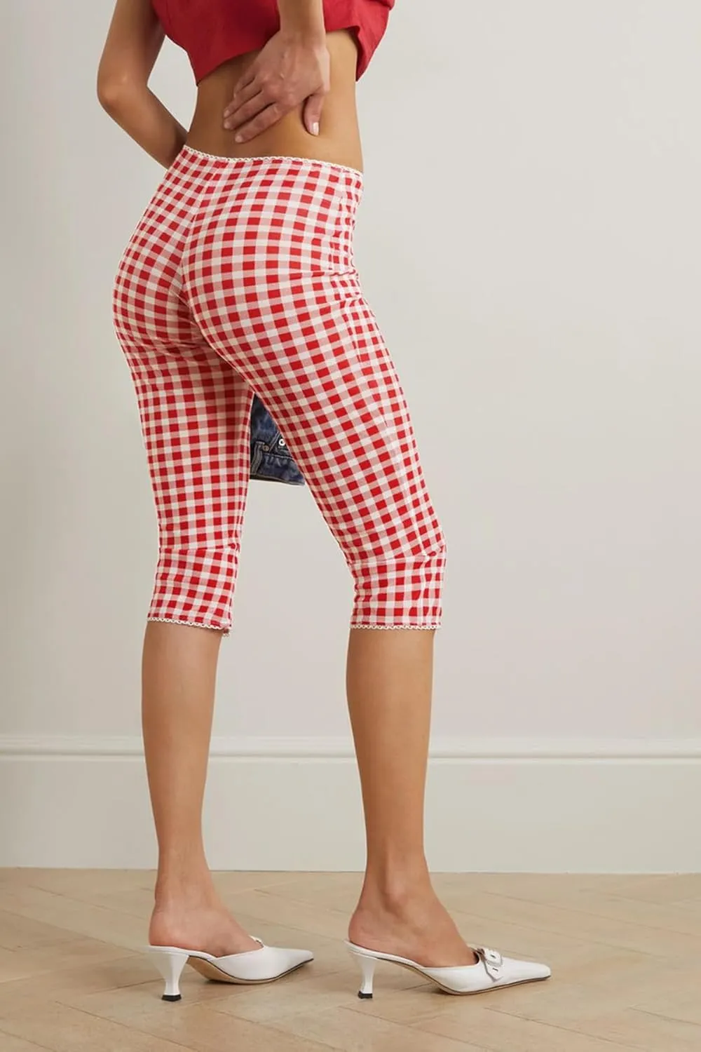 Womens Gingham Capri Pants High Waisted Skinny Fit Lace Cuffs Plaid Short Pants Summer Capris Leggings