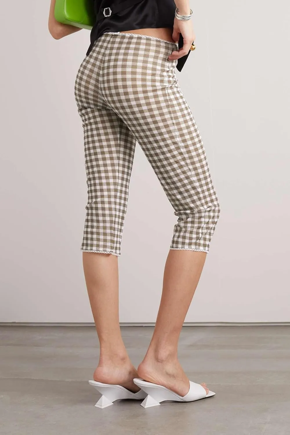 Womens Gingham Capri Pants High Waisted Skinny Fit Lace Cuffs Plaid Short Pants Summer Capris Leggings