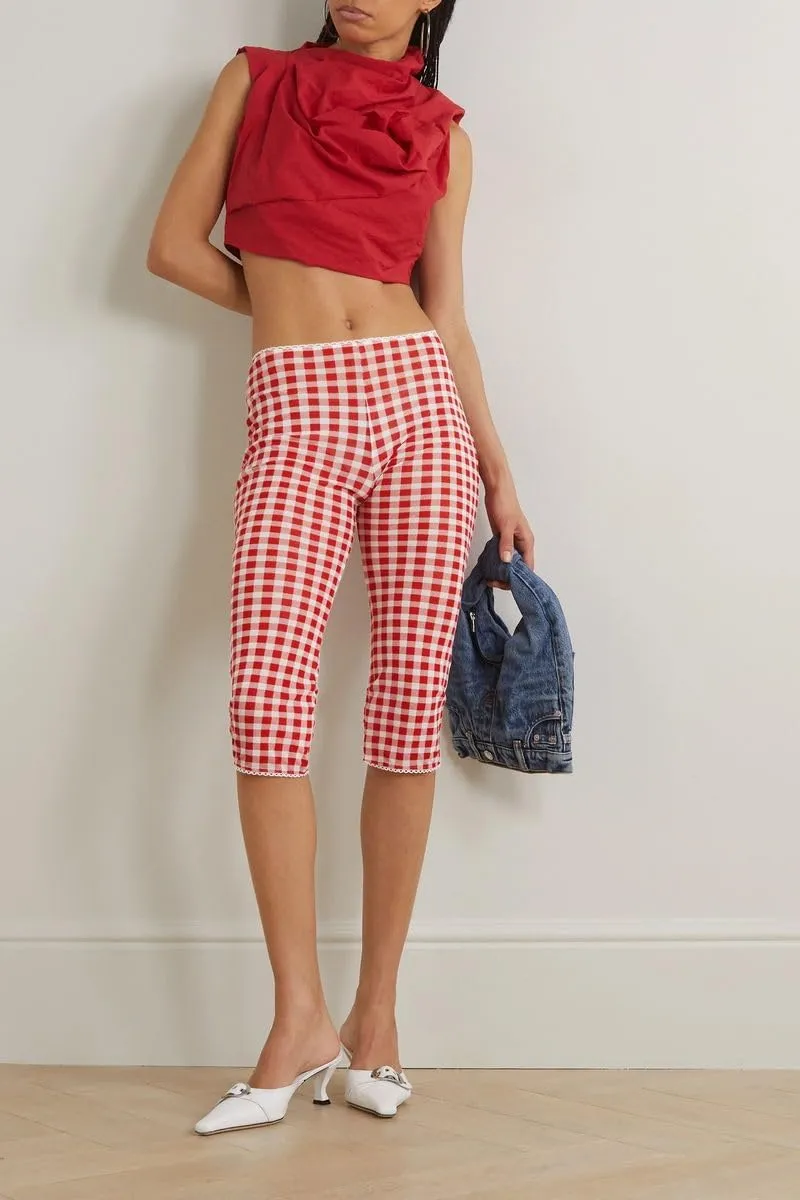 Womens Gingham Capri Pants High Waisted Skinny Fit Lace Cuffs Plaid Short Pants Summer Capris Leggings