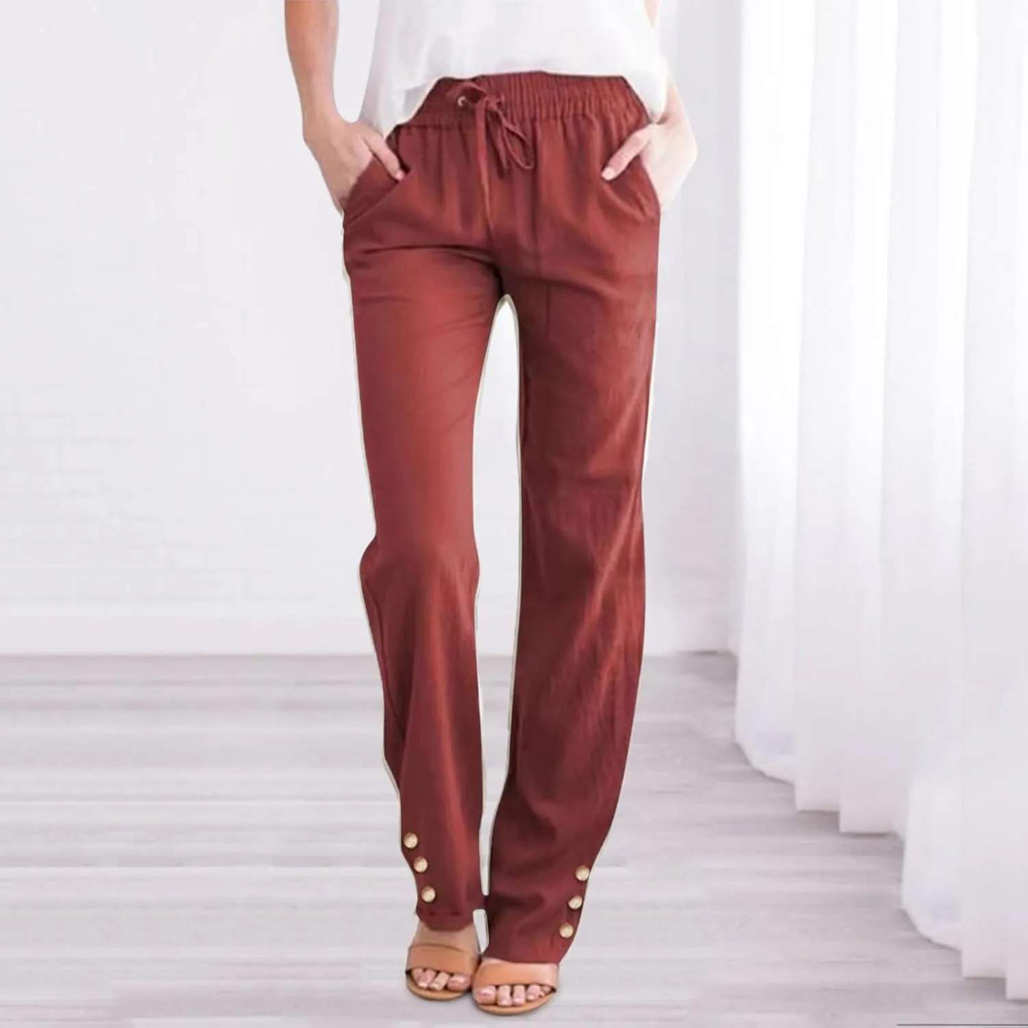 Womens Linen Pants Summer Boho Lightweight High Waist Palazzo Pants Drawstring Straight Leg Lounge Trousers with Pockets