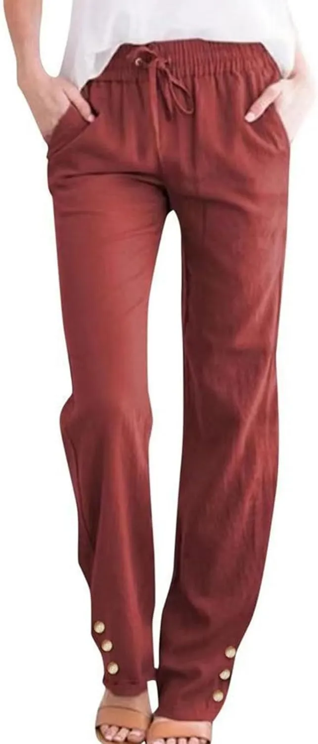 Womens Linen Pants Summer Boho Lightweight High Waist Palazzo Pants Drawstring Straight Leg Lounge Trousers with Pockets