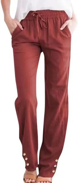 Womens Linen Pants Summer Boho Lightweight High Waist Palazzo Pants Drawstring Straight Leg Lounge Trousers with Pockets
