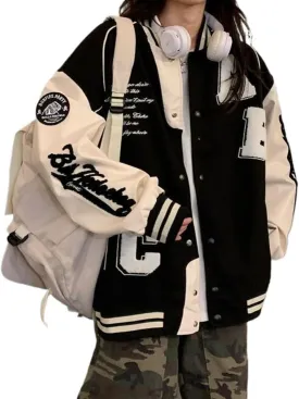 Y2k Vintage Bomber Jacket Women Harajuku Fashion College Uniform Varsity Baseball Jackets Oversized Sweatshirt Coat